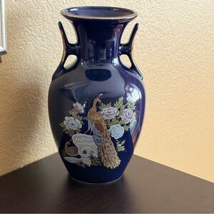 Vintage Japanese Cobalt Blue Peacock Vase | Hand-Painted 10” Ceramic Glazed